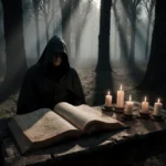 Cloaked figure reading an open book with candlelight glow and a misty medieval forest backdrop.