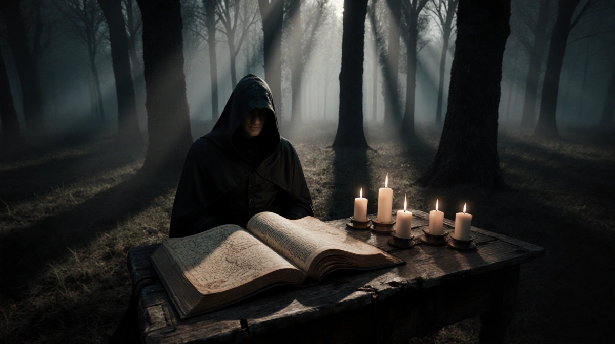 Cloaked figure reading an open book with candlelight glow and a misty medieval forest backdrop.