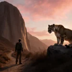 Hiker standing with a boulder behind and a mountain lion atop a rock on a dusk mountain trail.