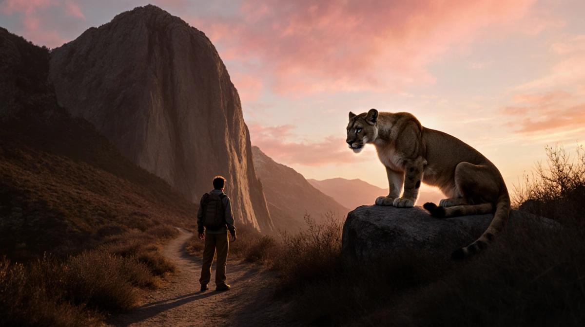 Hiker standing with a boulder behind and a mountain lion atop a rock on a dusk mountain trail.