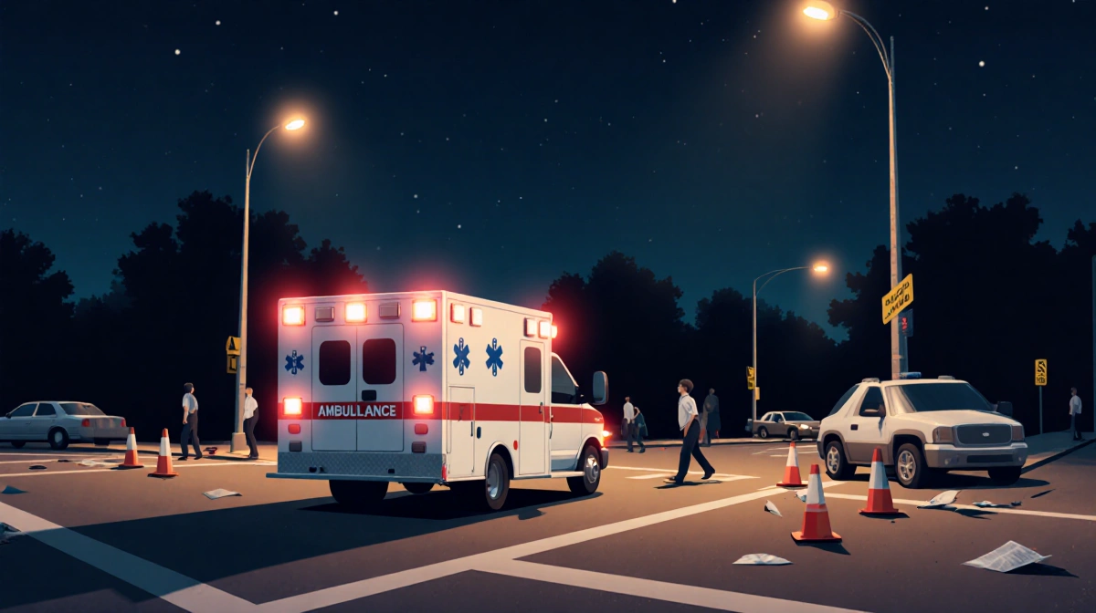 Ambulance lights illuminate nighttime intersection with streetlights and parked cars and scattered crash debris.