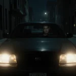 Alert driver watches dim car headlights with tense nighttime city street and shadowy alley holding a gun.