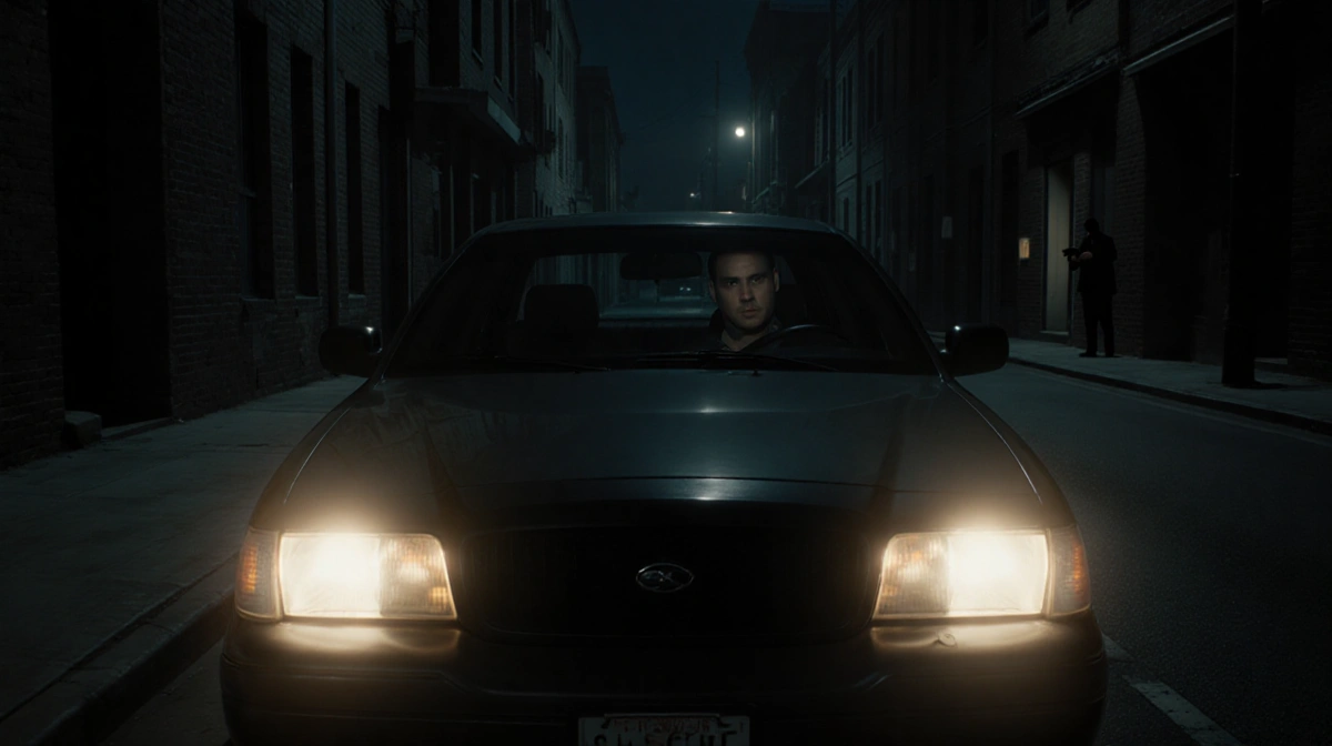 Alert driver watches dim car headlights with tense nighttime city street and shadowy alley holding a gun.