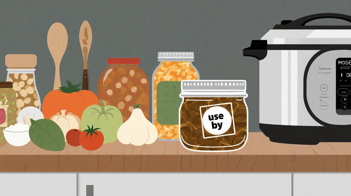 Jar of preserved food shows a use by date stamp with organized pantry items and a multicooker behind