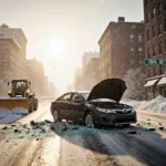 Sedan with hood up and shattered glass in icy street under golden sun while a snowplow passes nearby.