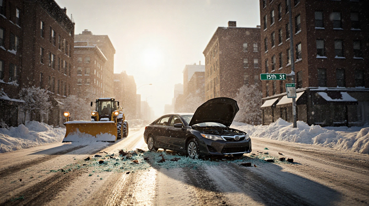 Sedan with hood up and shattered glass in icy street under golden sun while a snowplow passes nearby.