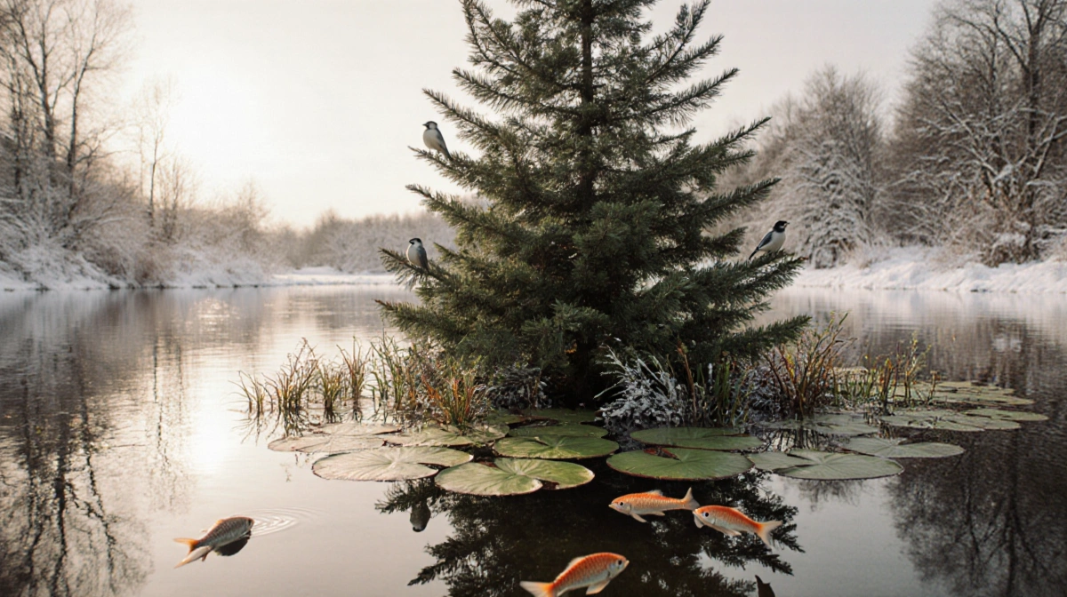 Fish swimming around a submerged Christmas tree in a tranquil pond with lily pads and snowy trees in the background