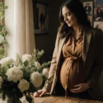 Usha Vance cradles her baby bump with natural light and a bouquet of white flowers beside her showing pregnancy and family