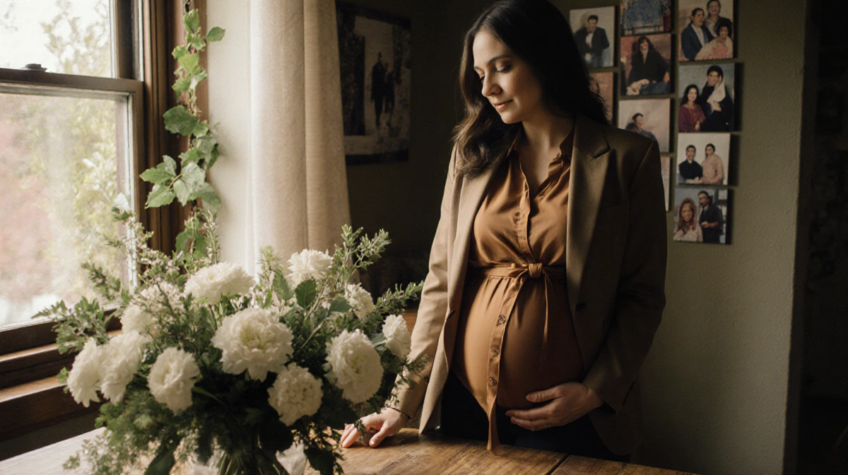 Usha Vance cradles her baby bump with natural light and a bouquet of white flowers beside her showing pregnancy and family