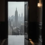Dim hallway with single door ajar soft light on marble floor and foggy city skyline in background