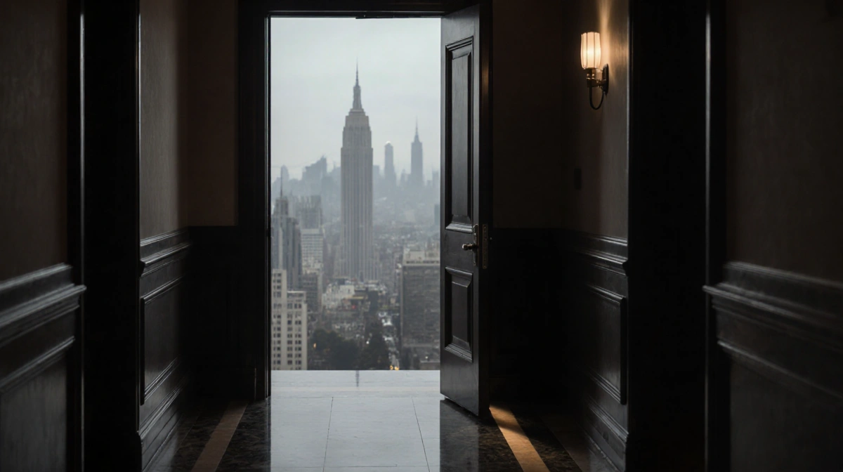 Dim hallway with single door ajar soft light on marble floor and foggy city skyline in background
