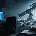 Hands hovering over empty chair with flickering computer screen and shattered telescope model nearby.