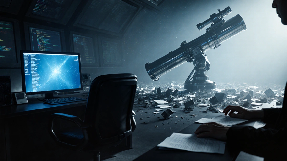 Hands hovering over empty chair with flickering computer screen and shattered telescope model nearby.