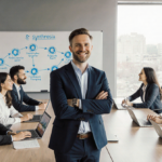 CEO smiles confidently with team in innovative conference room AI diagram on whiteboard and laptops