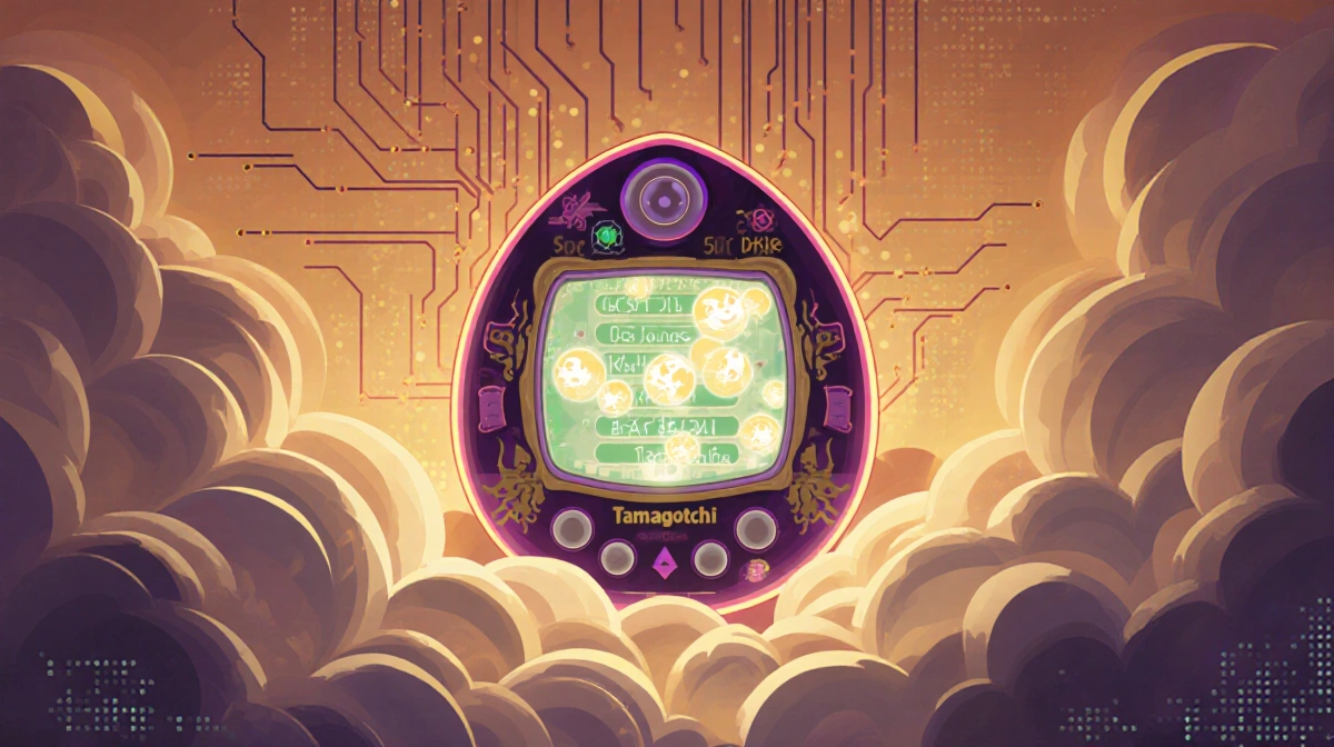 Tamagotchi glowing with swirling code clouds and circuitry in a retro-futuristic background with a glowing memory box