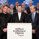 Elon Musk Satya Nadella and Dario Amodei stand at a podium with intense expressions and competitive posture