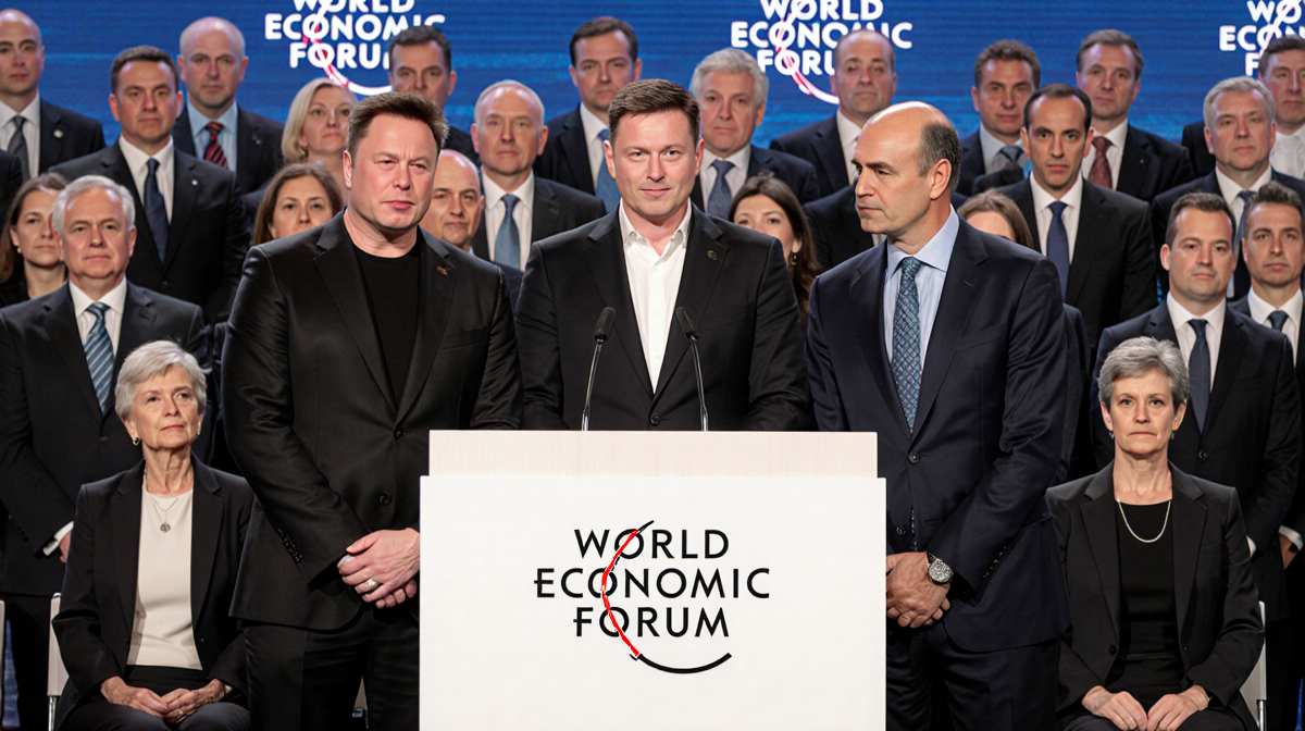 Elon Musk Satya Nadella and Dario Amodei stand at a podium with intense expressions and competitive posture