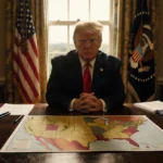 Donald Trump stands at wooden desk with stack of papers map of Colorado and Florida while Everglades behind him pipeline bill