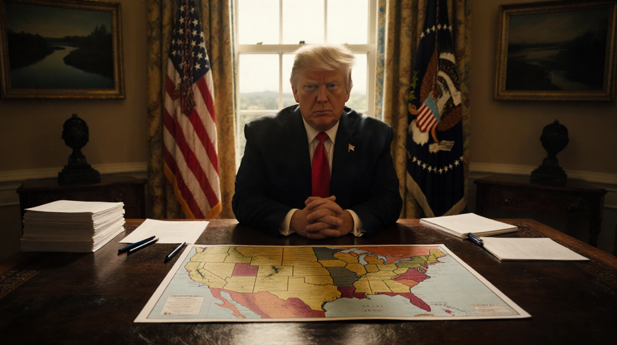Donald Trump stands at wooden desk with stack of papers map of Colorado and Florida while Everglades behind him pipeline bill