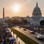 Racing car zooming past crowds with Capitol Building and Lincoln Memorial in background