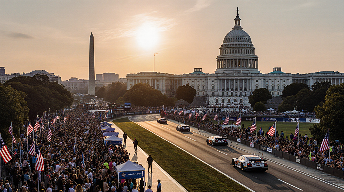 Racing car zooming past crowds with Capitol Building and Lincoln Memorial in background