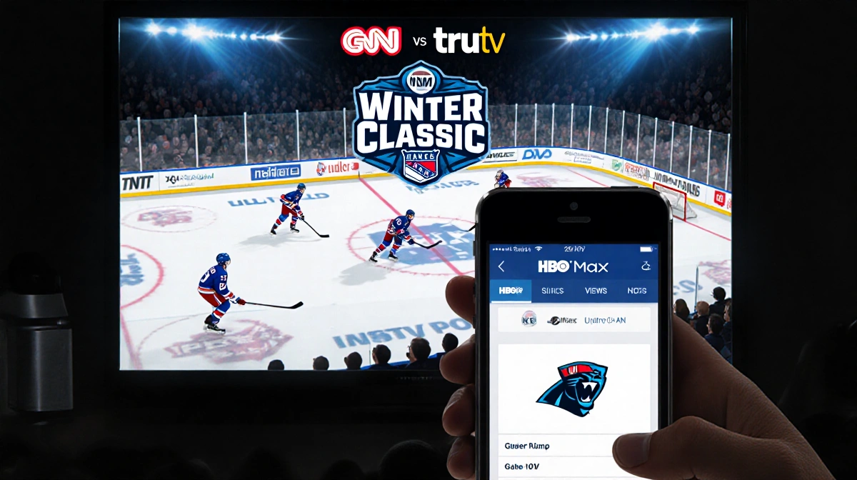 TV screen showing Winter Classic hockey Rangers and Panthers with broadcast logos and a smartphone displaying Max app with fa
