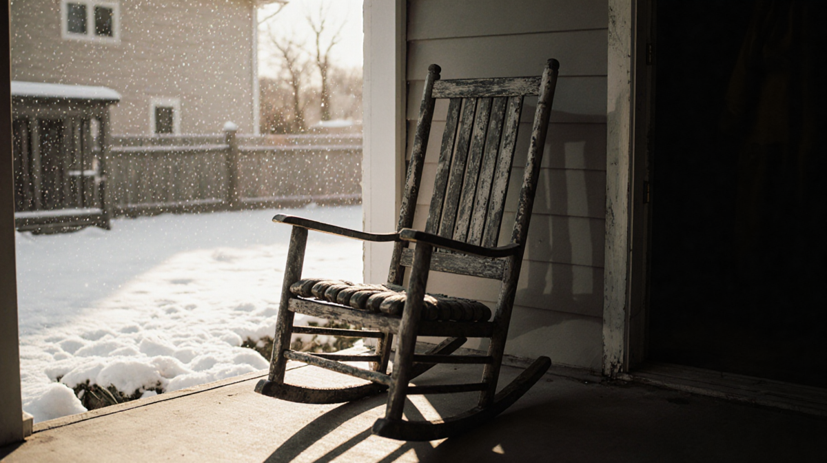 Weathered rocking chair angled on porch with faint human shadow and snow-covered backyard in cold light