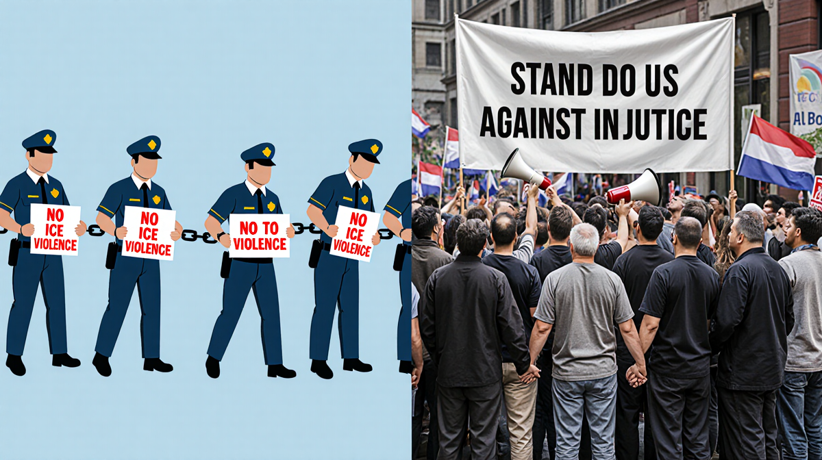 Workers forming human chain with signs against ICE violence holding hands and looking at banner on split-screen