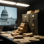 Filing cabinet spilling stacks of documents onto a cluttered desk with fluorescent light and a courthouse in the background