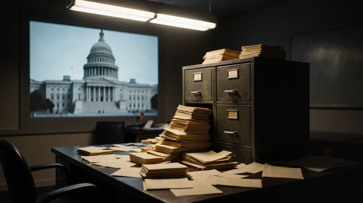 Filing cabinet spilling stacks of documents onto a cluttered desk with fluorescent light and a courthouse in the background