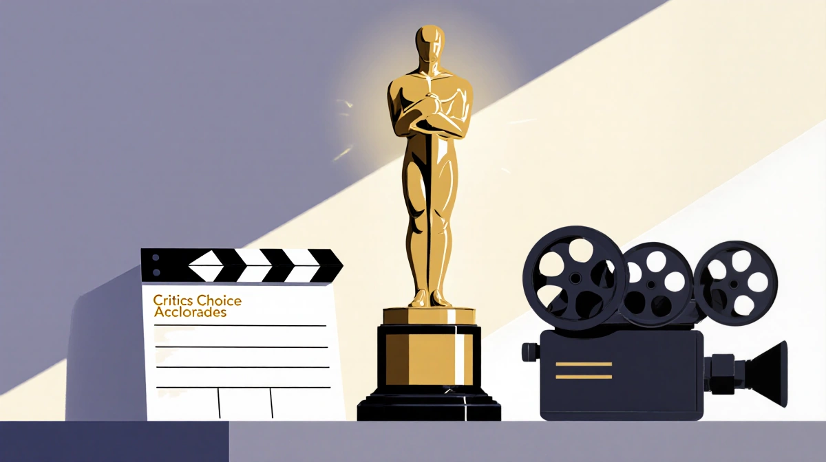 Statuette shines on table with camera and clapboard showing golden film award glow