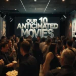 Fans gather around a large screen with movie posters and popcorn in a warmly lit film festival corridor