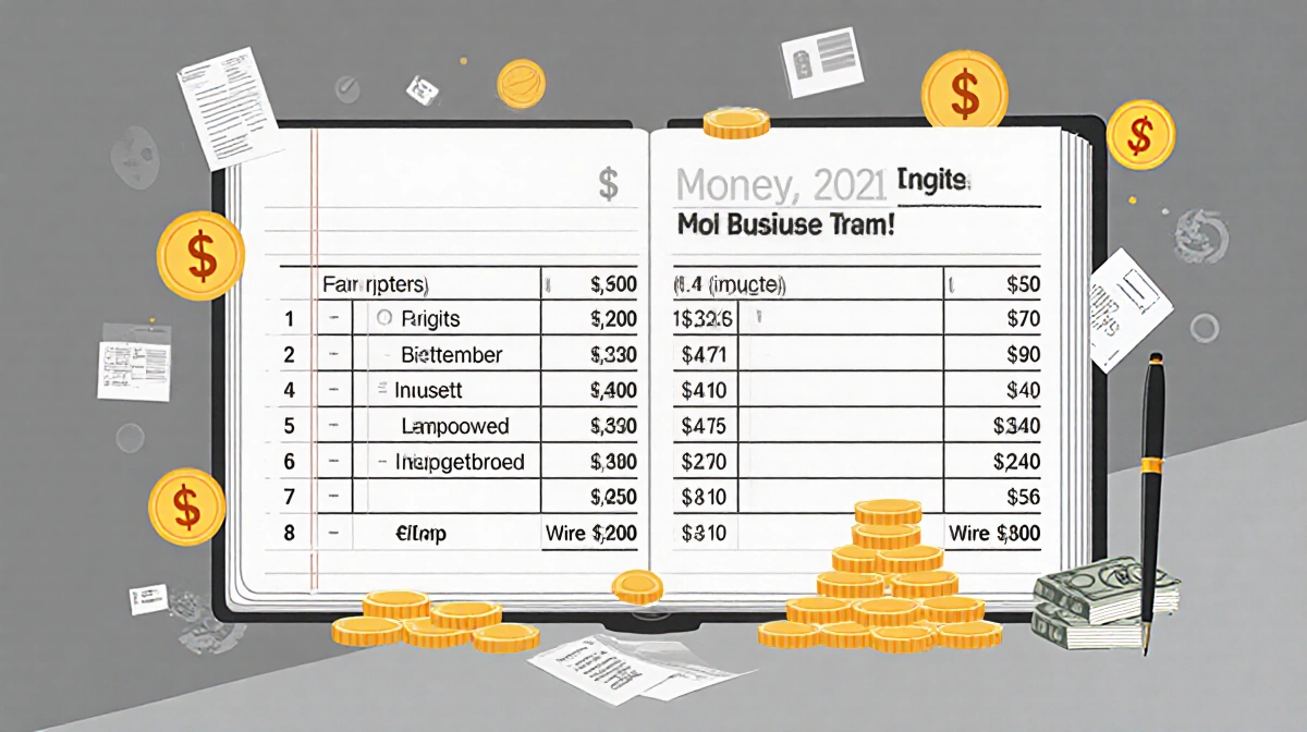 Ledger showing money trail with dollar signs and percentages highlighting financial gains