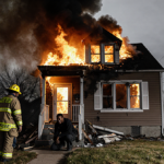 Person crouching beside shattered front door with flames licking the roof and firefighter watching
