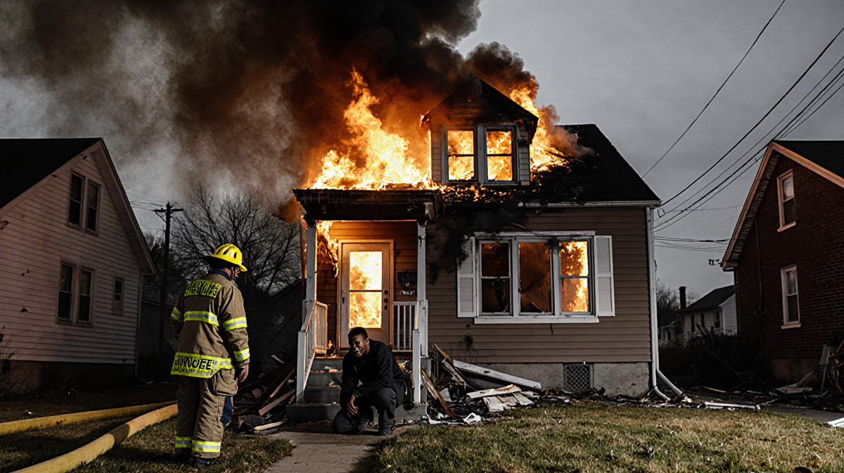 Person crouching beside shattered front door with flames licking the roof and firefighter watching