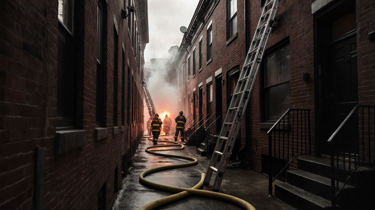 Firefighters battle rowhome fire with ladder against wall and smoke billowing from roof