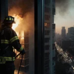 Firefighter stands at window with flames engulfing high-rise building and safety line in hand