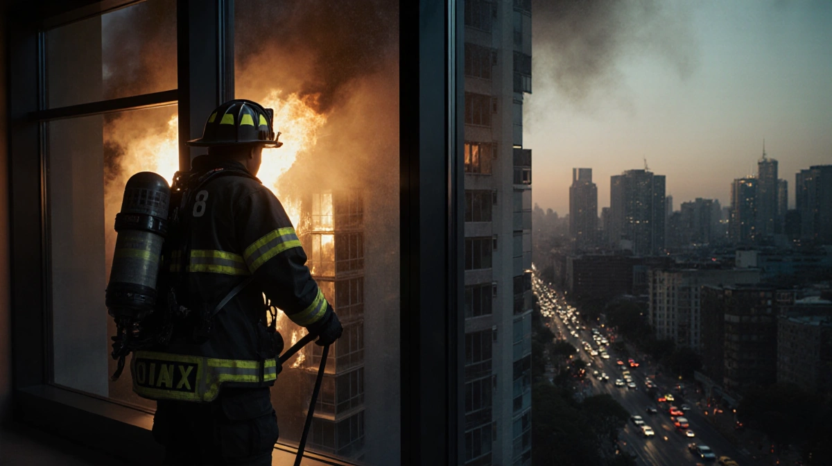 Firefighter stands at window with flames engulfing high-rise building and safety line in hand