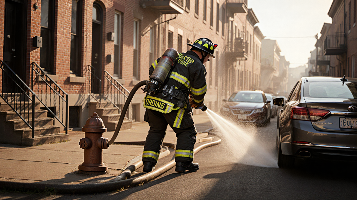 Firefighter maneuvering hose through narrow street with hydrant partially blocked by parked cars and warm lighting.