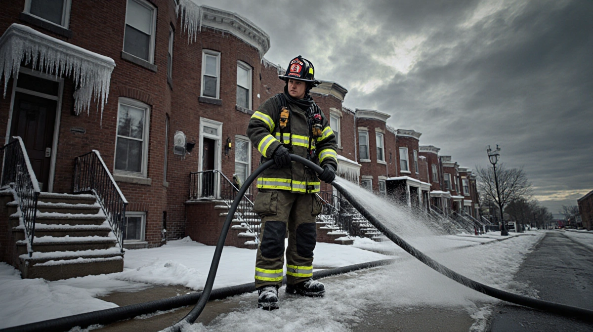 Firefighter gripping icy hose with frozen rowhome and icicles in background