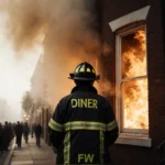 Firefighter stands at burning rowhome window with flames and smoke rising as crowd watches