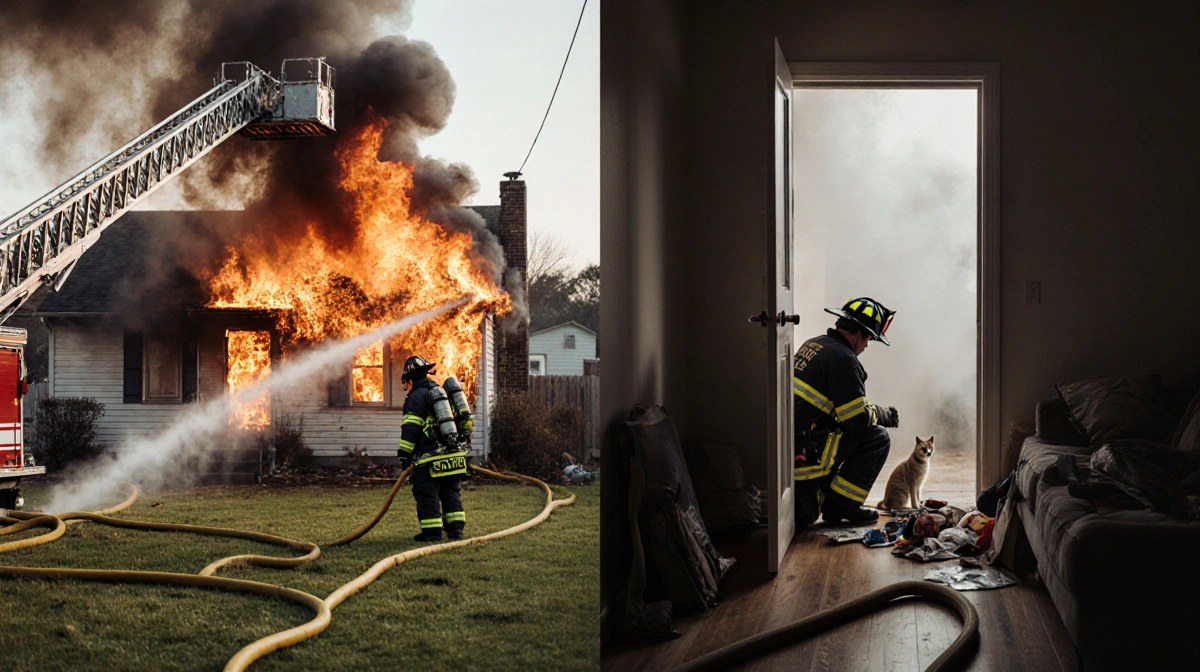 Firefighter rescues pets from smoke-filled house while another battles flames with hoses from ladder truck