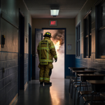 Firefighter standing in hallway with emergency lights and a door ajar and smoke