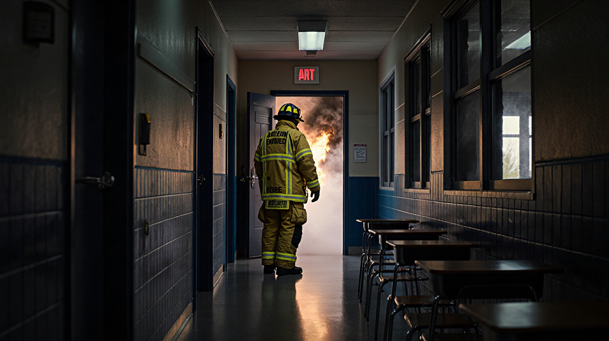 Firefighter standing in hallway with emergency lights and a door ajar and smoke