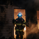 Firefighter emerging from smoke-filled doorway of charred house with emergency lights on helmet and glow through windows.