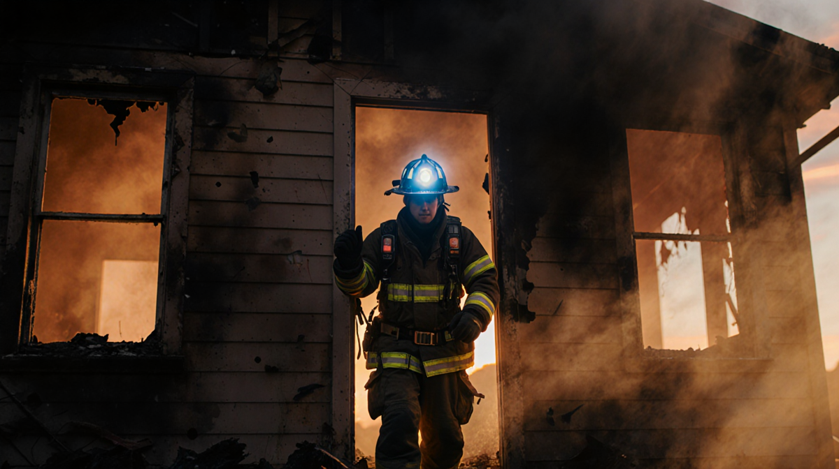 Firefighter emerging from smoke-filled doorway of charred house with emergency lights on helmet and glow through windows.