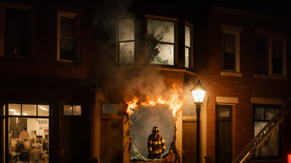 Firefighter stands outside burning window with smoke and flames visible through shattered glass
