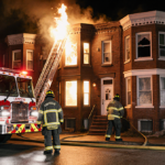 Firefighter extinguishing flames from a rowhome with a firetruck and hoses in foreground