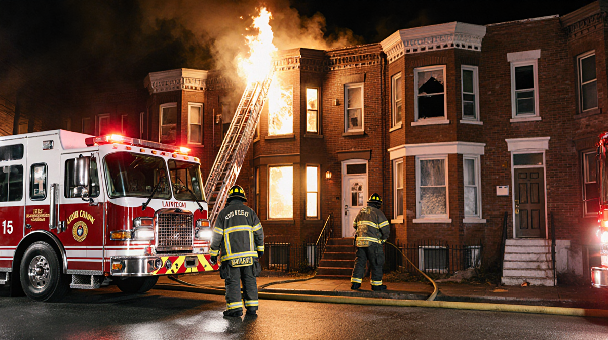 Firefighter extinguishing flames from a rowhome with a firetruck and hoses in foreground
