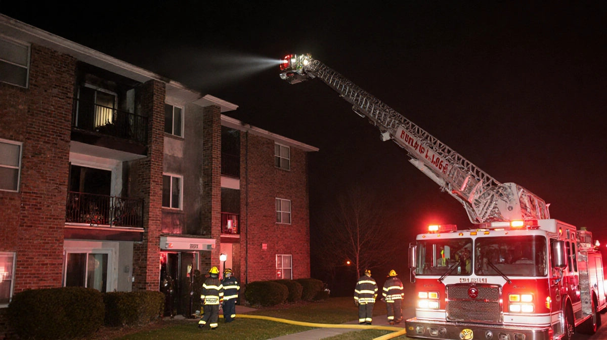 Firefighters arriving at River Park House with fire trucks parked along Conshohocken Avenue and flashlights shining on the bu